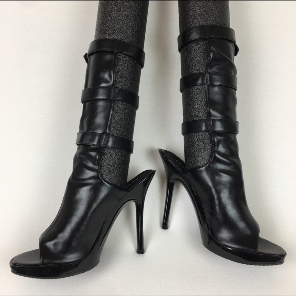 Pleaser Vogue open toe sandal boots black 3 buckle straps mid calf women 7 new - Picture 5 of 8